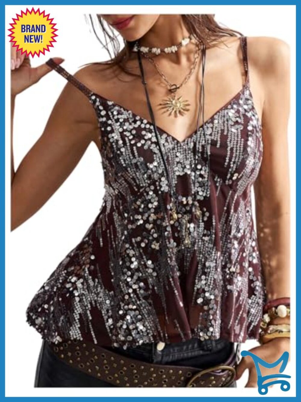Women's Y2k Babydoll Cami Sequin V Neck Spaghetti Strap Party Top